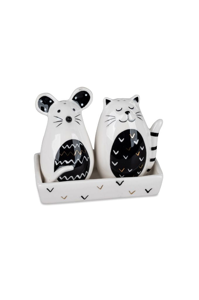 Deko Salz+Pfefferset Katze+Maus schwarz-weiß