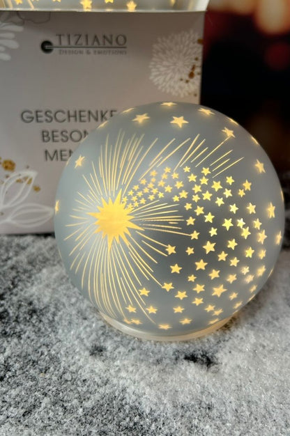 Würfelbox Deko Glaskugel Spirit LED mit Sternen silber