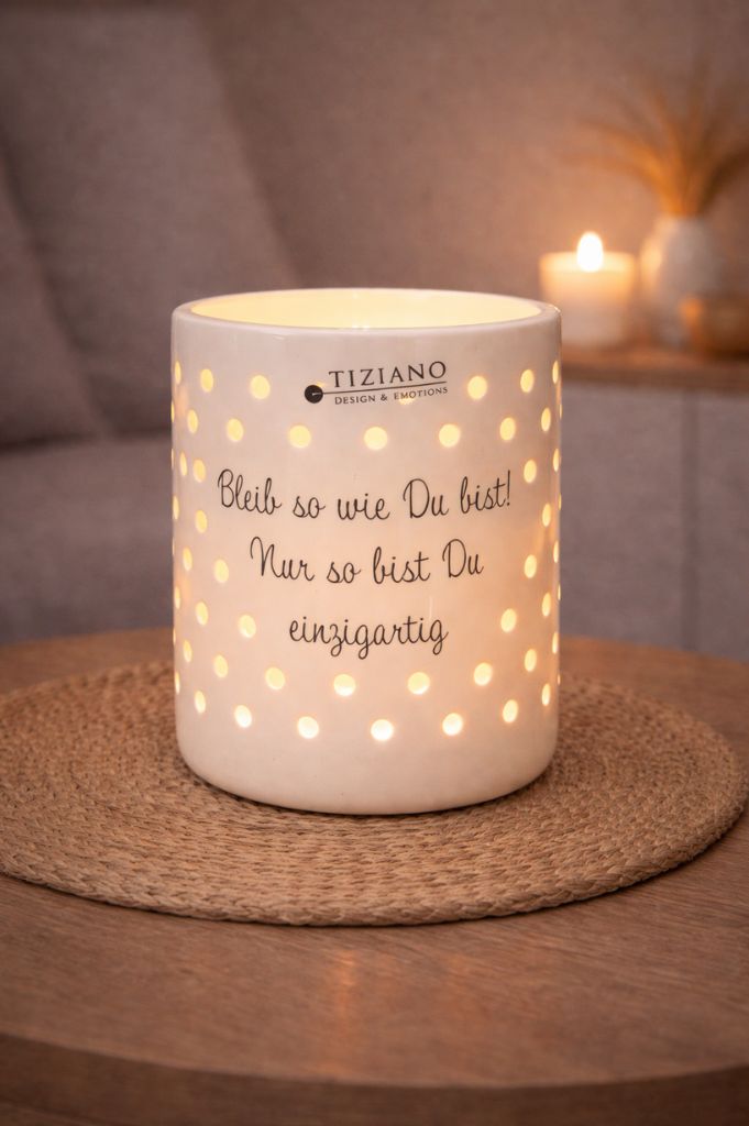 J2 Tischlicht Mazano 10cm mit Schrift creme-weiß