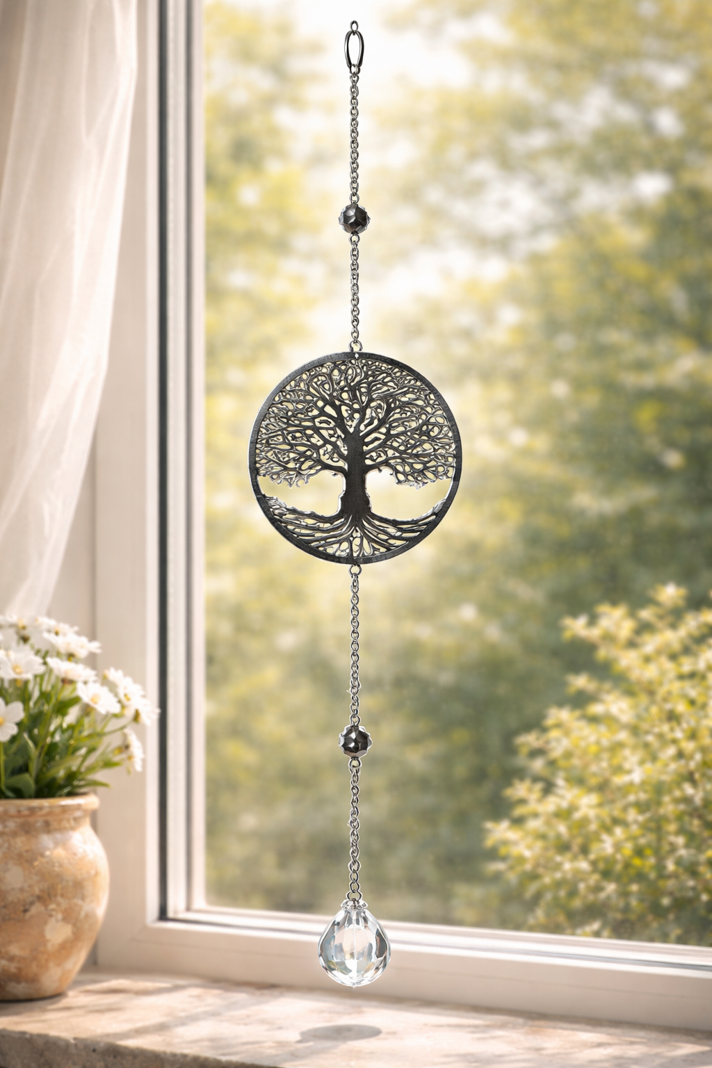 Deko Hänger rund mit Bäumen Edelstahl silber