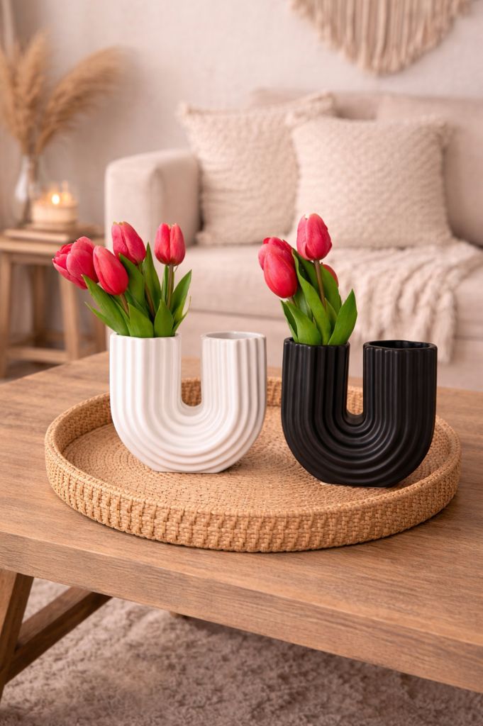 U-Vase Stripes 15cm schwarz & creme-weiß